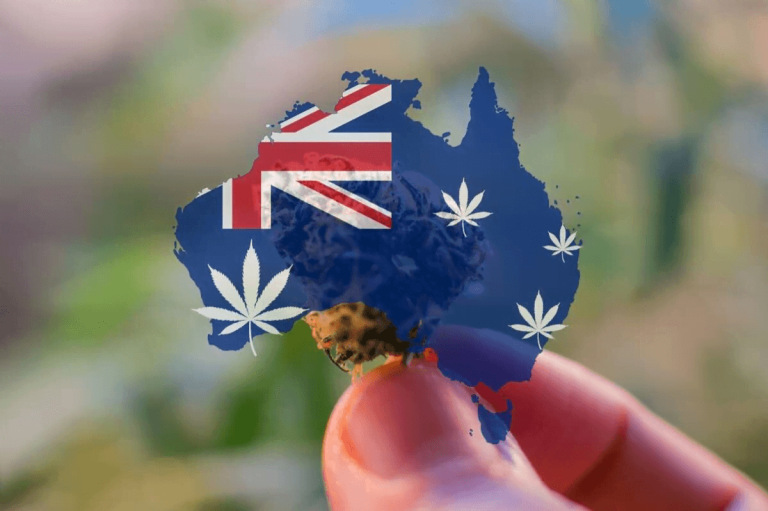 An Australian flag in hand with cannabis prints
