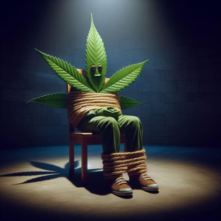 cannabis leaves stressed tied on a chair